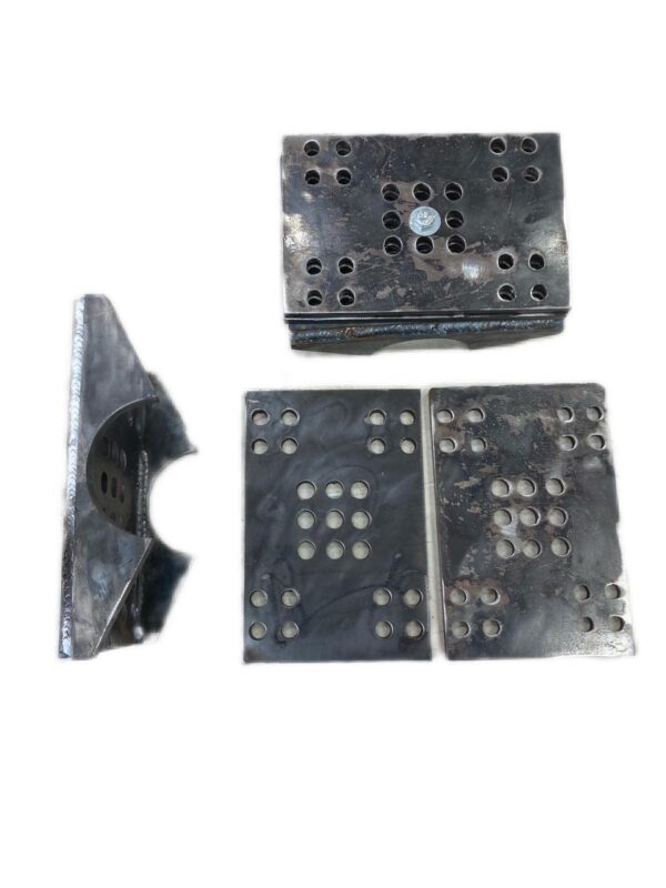 A Leaf Spring Conversion Kit, a set of metal plates with holes on them, ideal for leaf spring conversion kit.