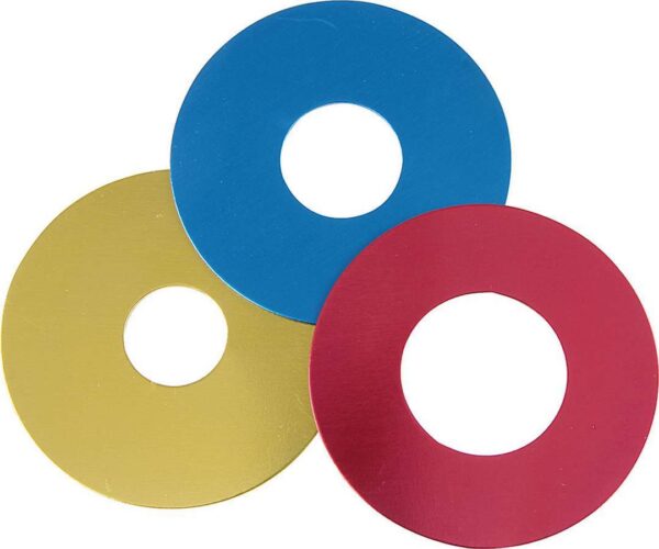 A set of three colored disks on a white background.