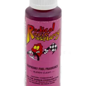 A bottle of raspberry fuel fragrance on a white background.