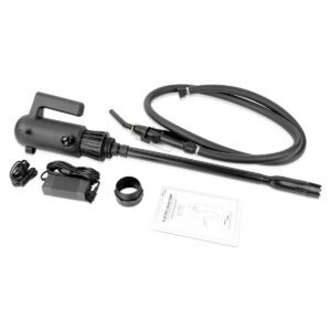 A black hose and accessories for a vacuum cleaner.