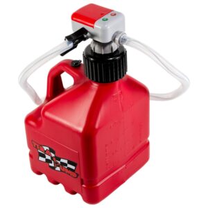 A red gas can with a hose attached to it.